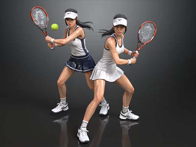 Two Female Tennis Players Playing Tennis With Rackets Ball And Sportswear 3d model