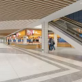 Spacious Shopping Mall Lobby With Wide Corridors Wooden Ceiling Escalators And Pedestrians