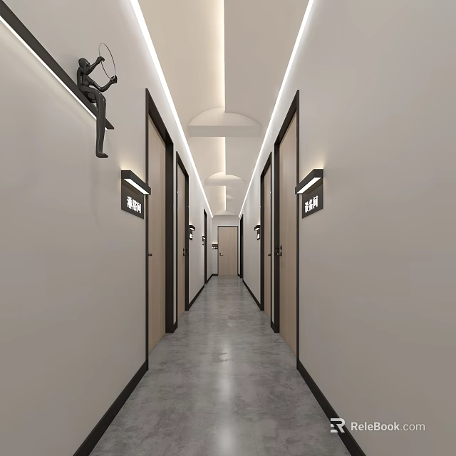 Modern Corridor Interior With Doors Wall Lamps And Sculpture 3d model