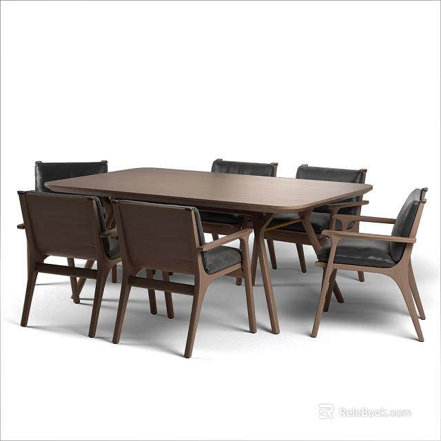 Elegant Modern Wooden Dining Table Set With Rectangular Top And Six Leather Chairs 3d model