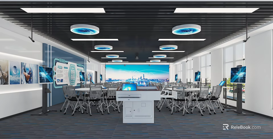 Modern Smart Conference Room With Computers Tables Large Screen And City View Ceiling Lights 3d model 