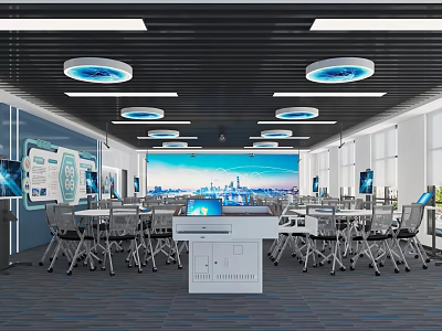 Modern Smart Conference Room With Computers Tables Large Screen And City View Ceiling Lights 3d model
