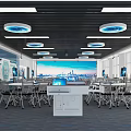 Modern Smart Conference Room With Computers Tables Large Screen And City View Ceiling Lights