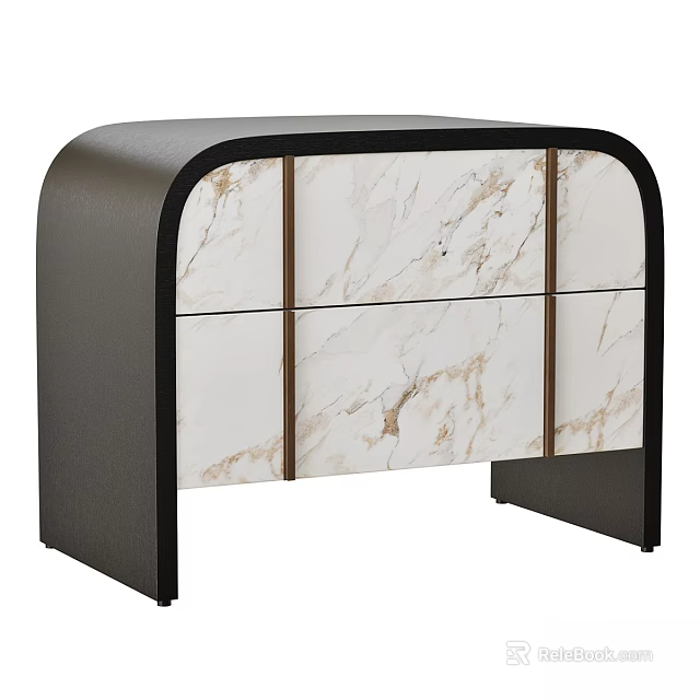 Modern Black Frame Nightstand With Marble Texture Drawer Fronts And Two Drawers 3d model