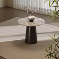 Round Marble Top Side Table On Light Carpet With Black Base And Decorative Vase 3d model