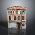 Historic Multi Story Building Exterior With Red Tile Roof Weathered Walls And Windows
