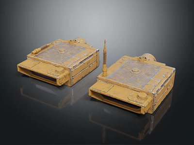 Two Yellow Square Electronic Appliances With Top Grid Panel And Antenna Design 3d model