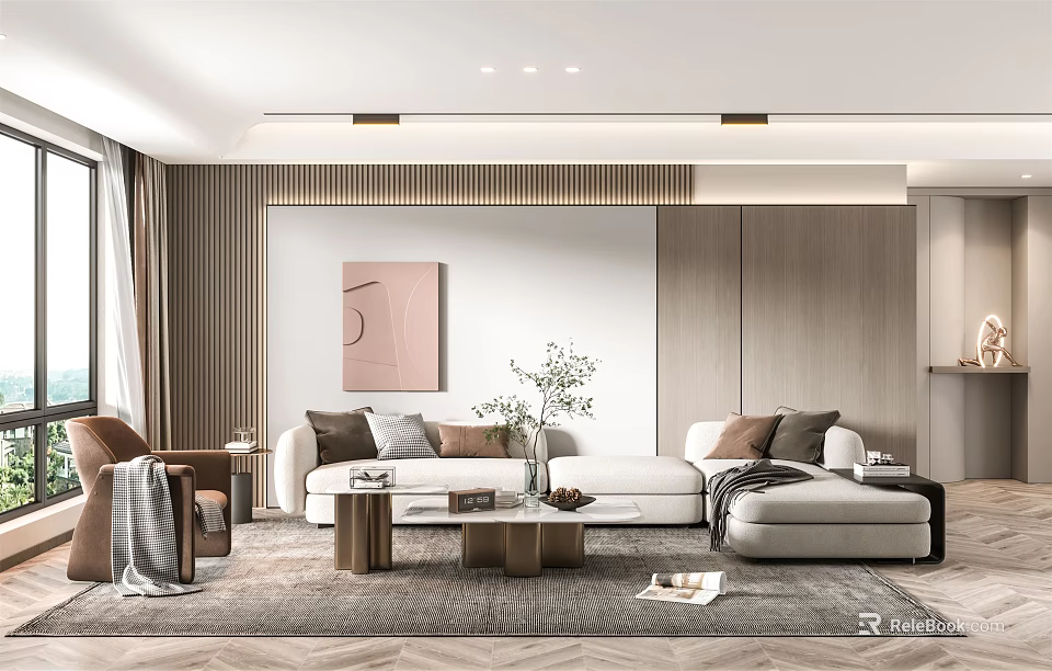 Modern Living Room Interior With Beige Sofa Coffee Table And Decorative Artwork 3d model