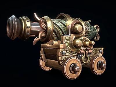 Ornate Historical Cannon With Metallic Barrel Wooden Base Intricate Engravings And Decorative Wheels 3d model