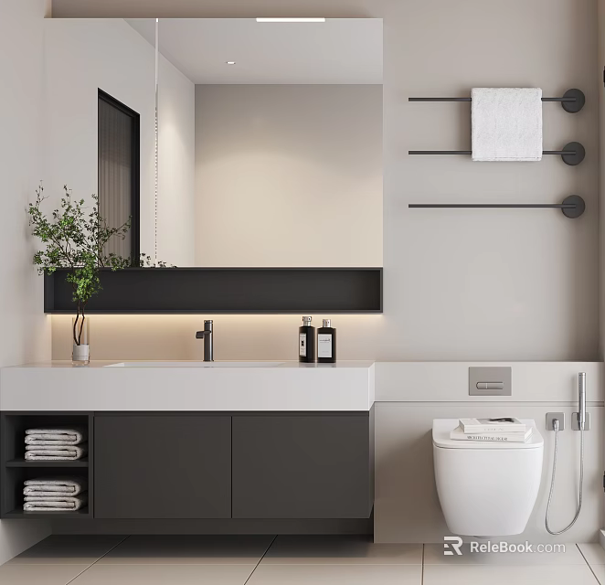 Modern Bathroom Interior With Black Bathroom Cabinet White Countertop Mirror Towel Rack And Potted Plant 3d model 