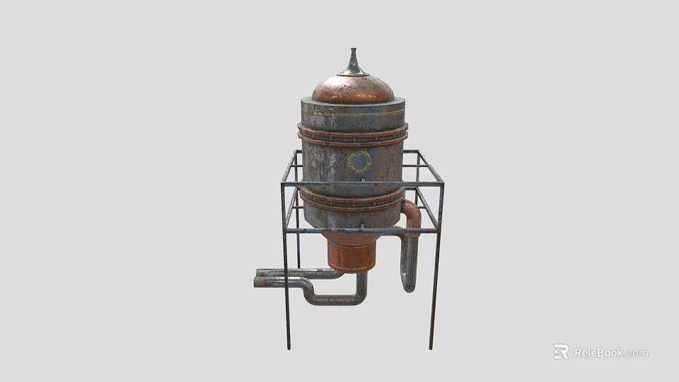 Vintage Copper Still Distillation Equipment With Metal Stand Structure 3d model 