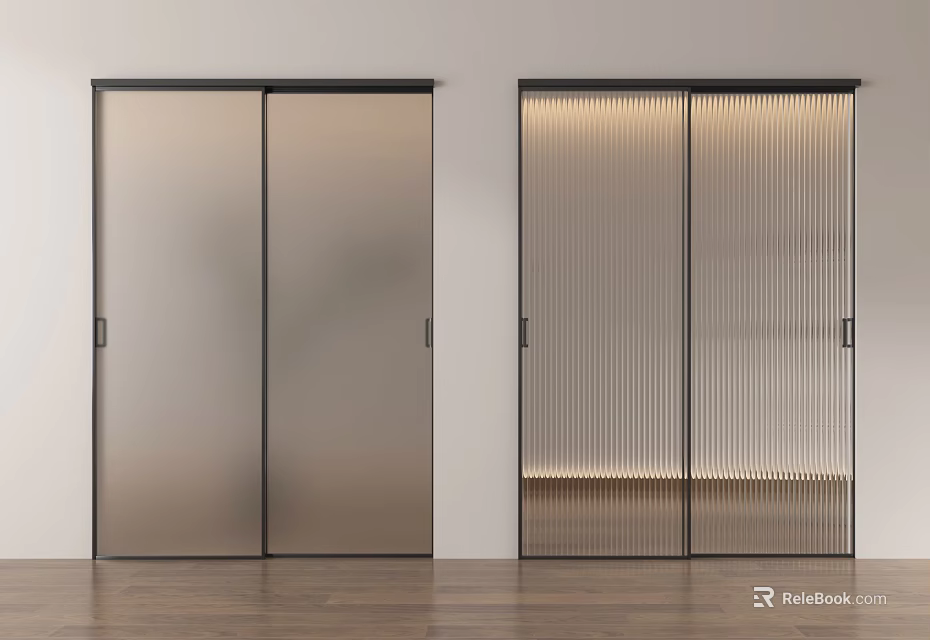 Modern Sliding Doors Featuring Frosted Glass Black Frames and Ribbed Glass with Bottom Lighting 3d model 