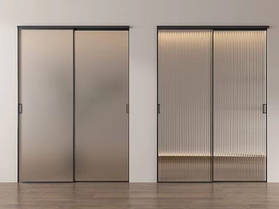 Modern Sliding Doors Featuring Frosted Glass Black Frames and Ribbed Glass with Bottom Lighting 3d model