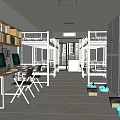 School Dormitory Interior With Bunk Beds White Lockers Bookshelves Computer Desks And Potted Plant