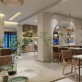 Modern Mall Restaurant Interior With Wooden Tables Rattan Chairs Pendant Lights And Green Plants