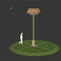 Wooden Birdhouse On Pole With White Base In Green Grass Human Figure And Flying Bird