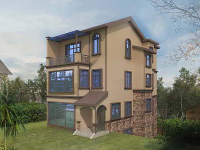 Detached Villa Exterior Design With Stone Walls Glass Windows Balcony Lawn And Trees 3d model