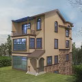 Detached Villa Exterior Design With Stone Walls Glass Windows Balcony Lawn And Trees
