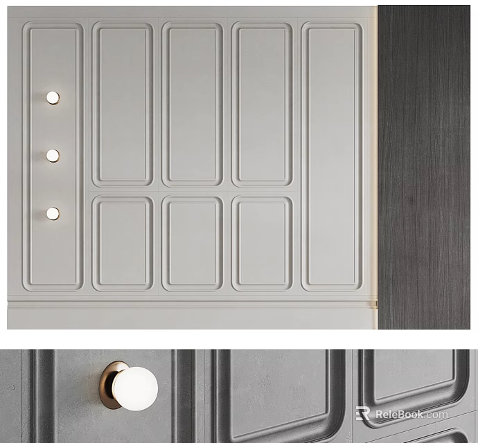 Elegant Modern Grey Wall Paneling With Wooden Trim And Round Decorative Accents 3d model 