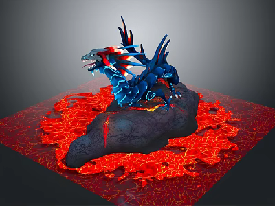 Mythical Blue Dragon Standing On Rock Surrounded By Red Lava 3d model