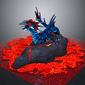 Mythical Blue Dragon Standing On Rock Surrounded By Red Lava