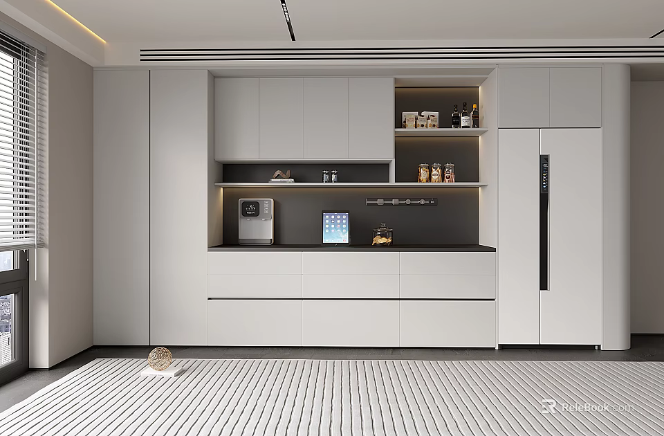 Modern Minimalist White Sideboard With Drawers And Open Shelves In Kitchen Space 3d model 