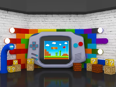 Retro Gaming Console With Colorful Brick Wall And Pixel Game Screen 3d model