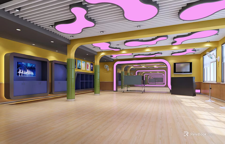 Modern Fitness Gym Interior Featuring Yellow Walls Pink Ceiling And Wooden Floors 3d model 