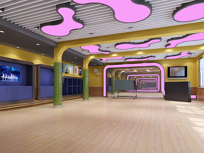 Modern Fitness Gym Interior Featuring Yellow Walls Pink Ceiling And Wooden Floors 3d model
