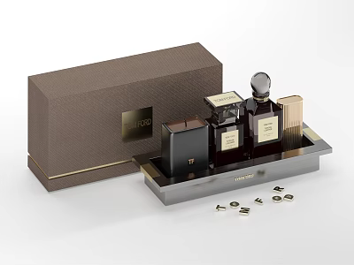 Stylish Daily Cleaning Products Set With Brown Box Tray And Bottles 3d model