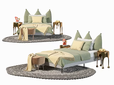 Children's Bed with Soft Green and Beige Bedding Small Side Tables Round Rug and Stool 3d model