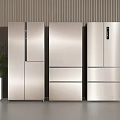 Three Modern Metallic Refrigerators In Kitchen With Vertical Striped Wall And Green Plant