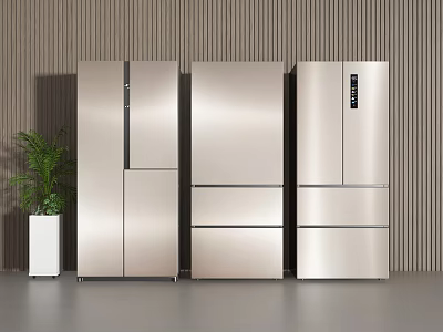 Three Modern Metallic Refrigerators In Kitchen With Vertical Striped Wall And Green Plant 3d model