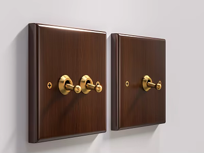 Dark Brown Wood Grain Switch Panels With Golden Knobs Mounted On Wall 3d model