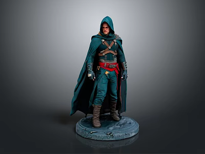 Man in Hooded Green Cloak with Red Belt Standing on Stone Base 3d model