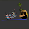 Tropical Island Scene With Palm Trees Green Area Blue Water Surfboards And Boats