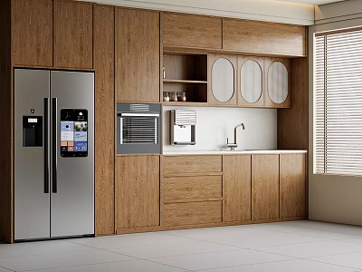 Wooden Kitchen Sideboard With Refrigerator Oven Coffee Maker And Countertop Near Window Blinds 3d model