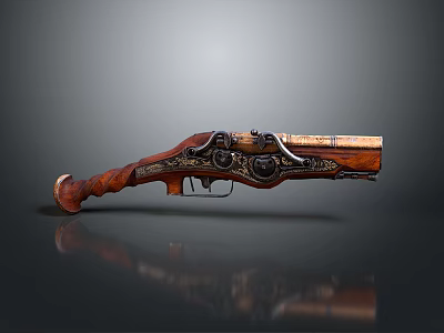 Antique Firearm With Intricate Carved Wooden Stock And Metal Components 3d model