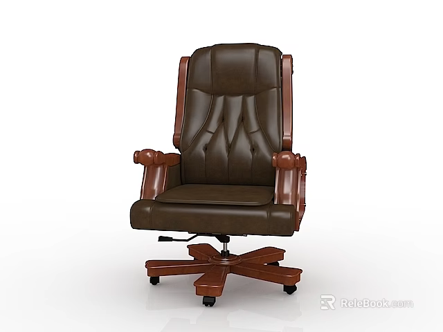 Brown Leather Office Chair With Ergonomic Backrest Armrests And Swivel Base Wheels 3d model 