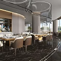 Modern Elegant Restaurant Interior With Curved Design Green Plants Large Windows And Dining Tables
