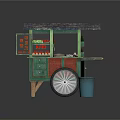 Traditional Street Vendor Cart With Green Red Body Awning Display Shelves And Blue Trash Bin