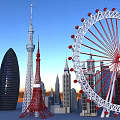 Detailed Miniature City Building Models Featuring Skyscrapers Ferris Wheel And Dome Structure