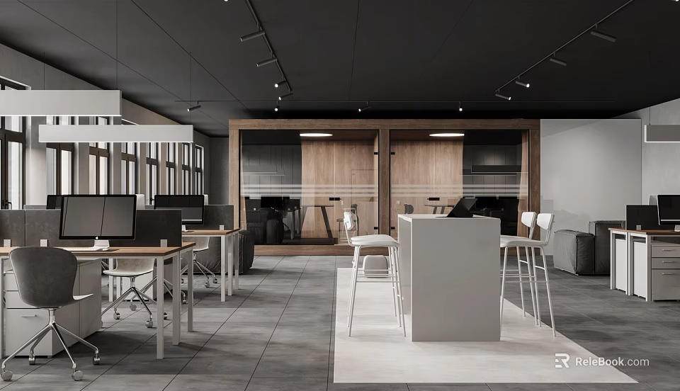 Modern Public Office Space With Open Layout Workstations Chairs And Central White Counter 3d model 