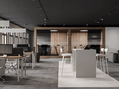 Modern Public Office Space With Open Layout Workstations Chairs And Central White Counter 3d model