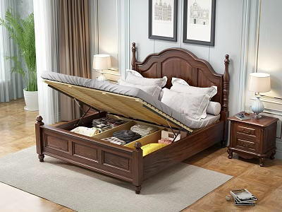 Classic Wooden Double Bed With Storage Compartments Nightstand And Table Lamp In Bedroom Interior 3d model