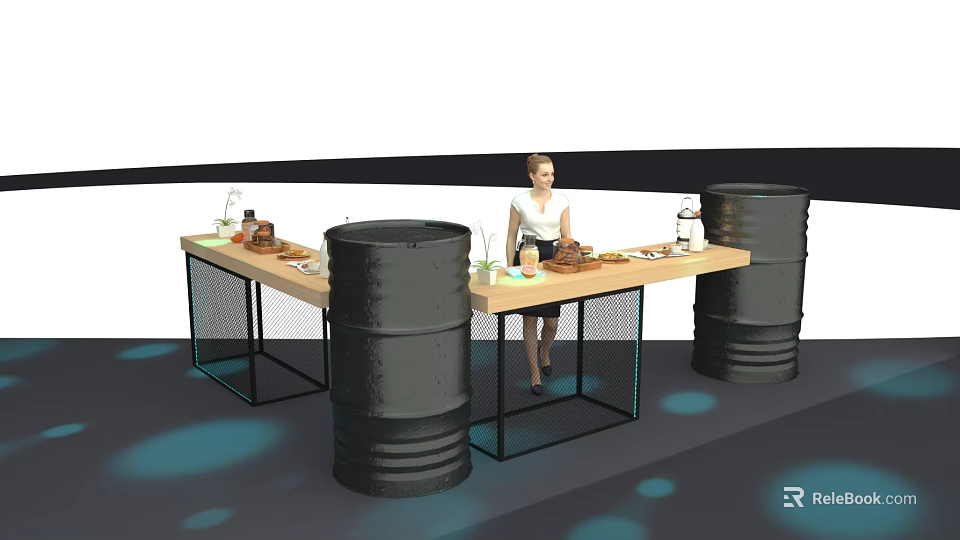 Industrial Tea Break Area With Wooden Table Black Barrel Supports Snacks Drinks And Woman Sitting 3d model 