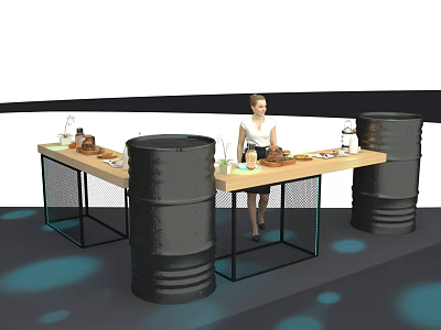 Industrial Tea Break Area With Wooden Table Black Barrel Supports Snacks Drinks And Woman Sitting 3d model