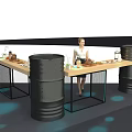 Industrial Tea Break Area With Wooden Table Black Barrel Supports Snacks Drinks And Woman Sitting