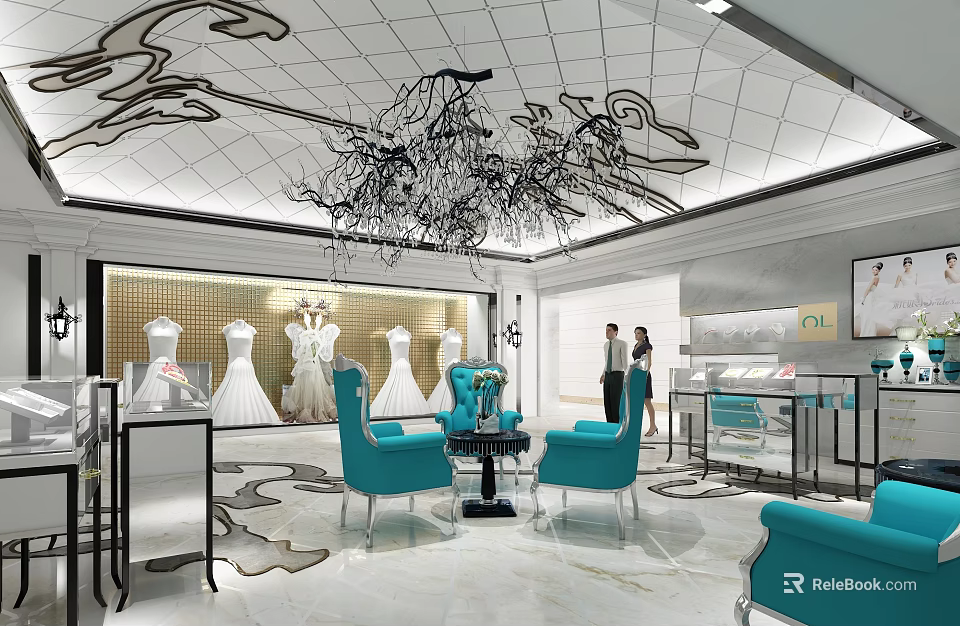 Elegant Bridal Shop Interior With Wedding Dress Displays Blue Chairs And Chandelier 3d model 