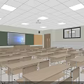 School Classroom Interior With Desks Chairs Blackboard Projection Screen And Lighting 3d model